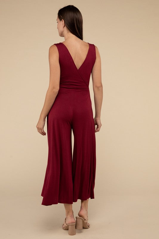 Surplice Neckline Sleeveless Midi Flared Jumpsuit ZENANA