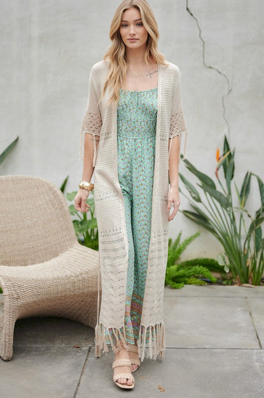 Solid Long Cardigan with Fringe Trimming