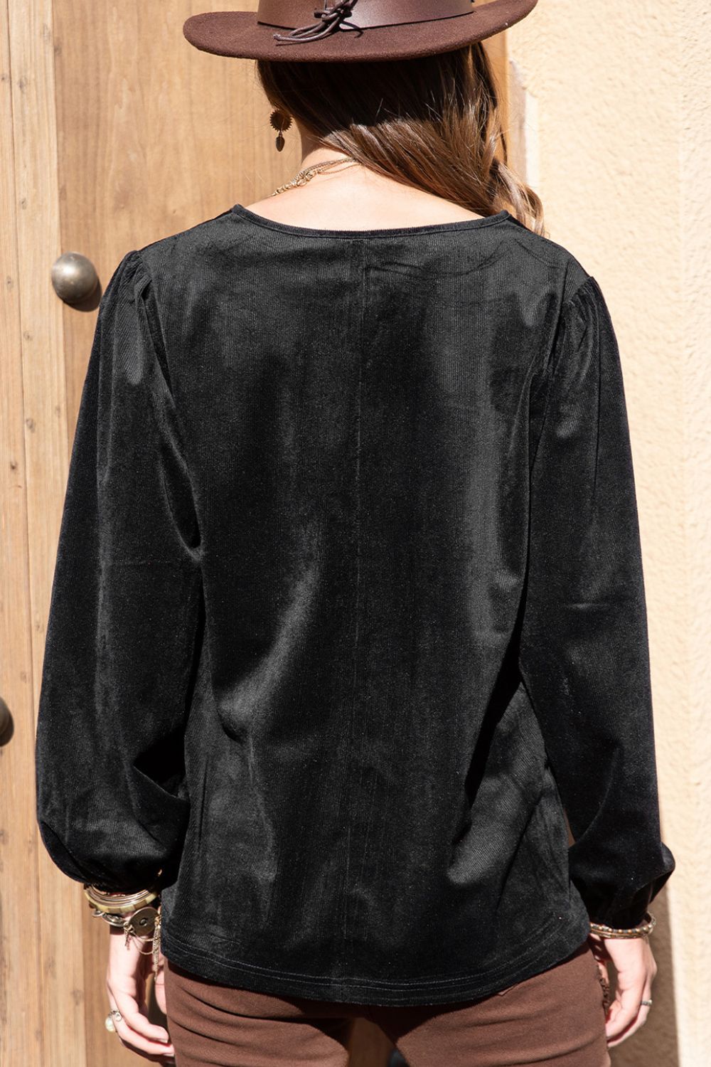 Embroidered Notched Neck Long Sleeve Blouse Trendsi
