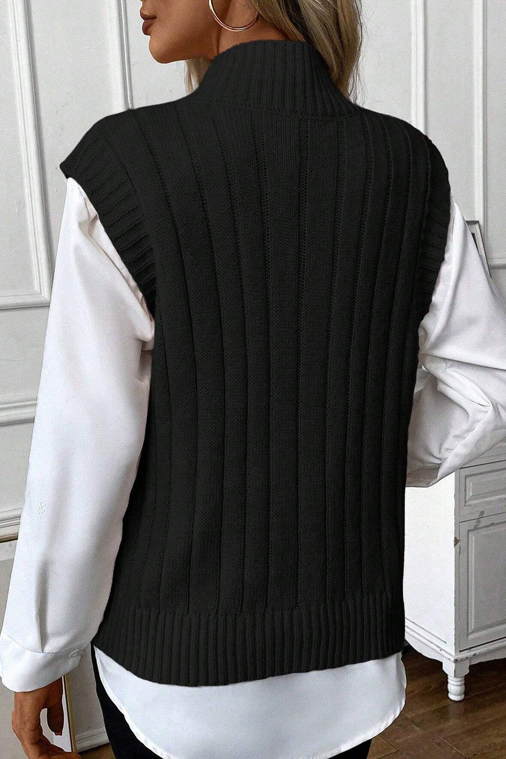 Cable-Knit Mock Neck Sleeveless Sweater Top