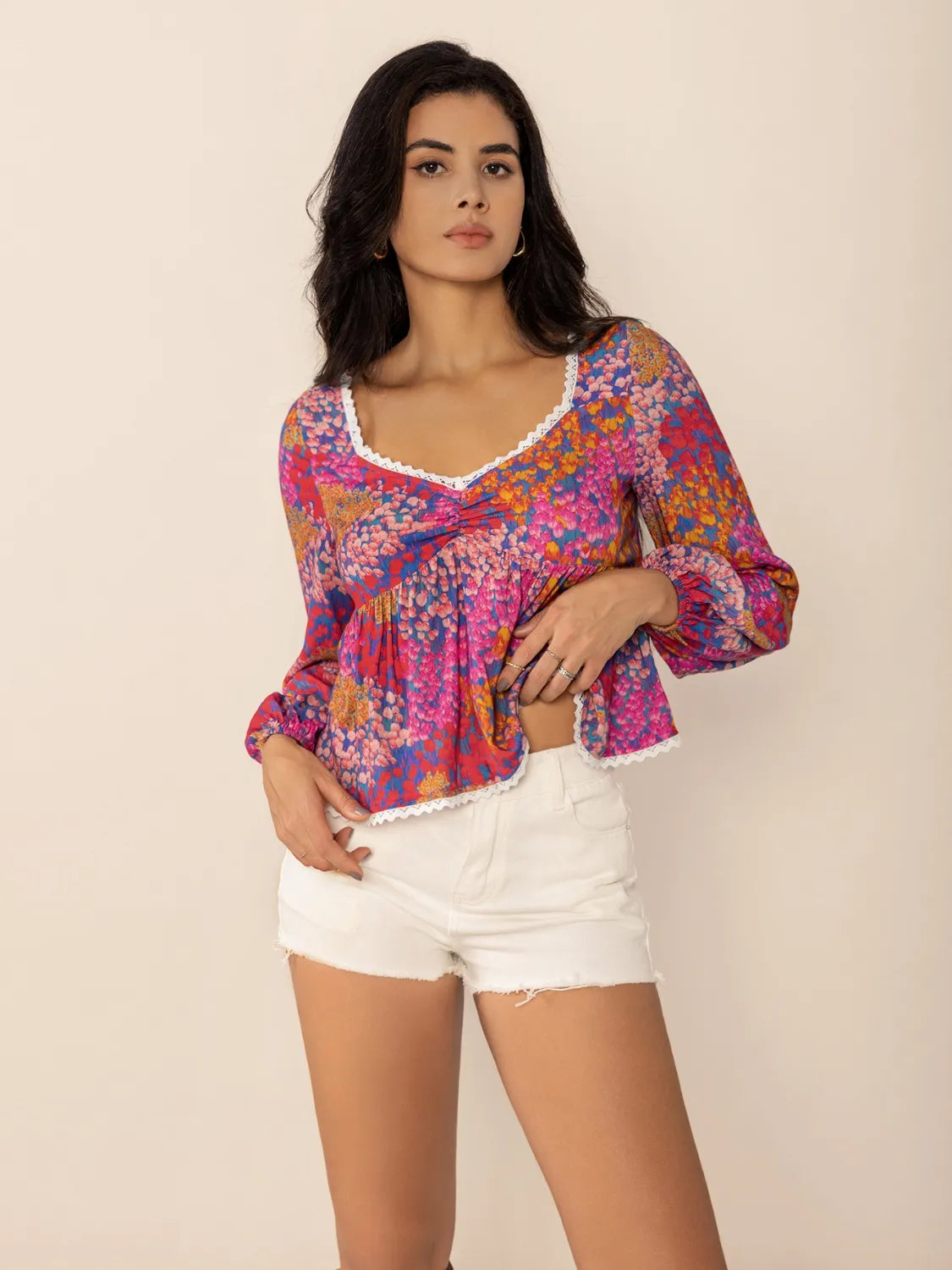 Lace Detail Printed Balloon Sleeve Crop Top Trendsi