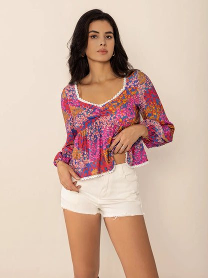 Lace Detail Printed Balloon Sleeve Crop Top Trendsi