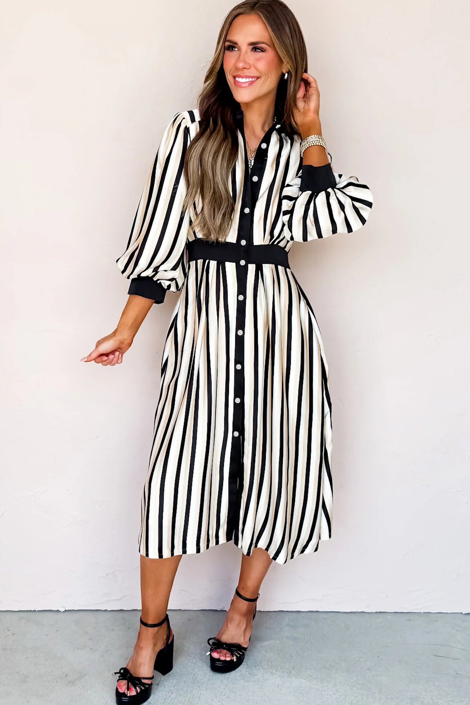 Black Stripe 3/4 Puff Sleeve Shirt Style Button Down Midi Dress  DAME BOHEME