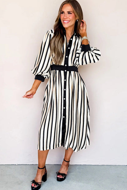 Black Stripe 3/4 Puff Sleeve Shirt Style Button Down Midi Dress  DAME BOHEME