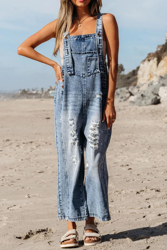 Distressed Bib Pocket Wide Leg Denim Overalls  DAME BOHEME