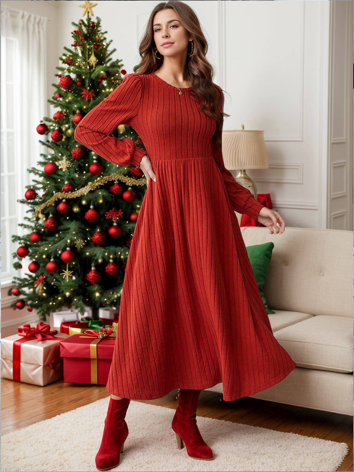 Ribbed Knit Puff Sleeve Flared Maxi Red Dress