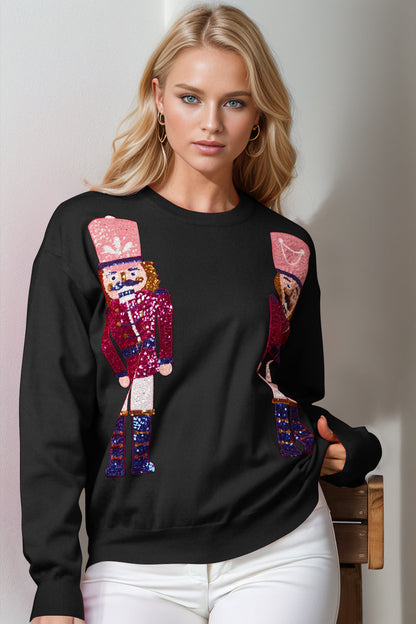 Double Take Full Size Nutcracker Sequin Long Sleeve Sweater  DAME BOHEME