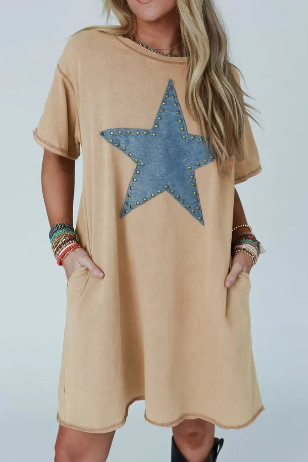 Mineral Wash Stud Beaded Star Pocketed T Shirt Dress  DAME BOHEME
