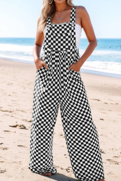 Checkered Print Pocketed Wide Leg Jumpsuit  DAME BOHEME