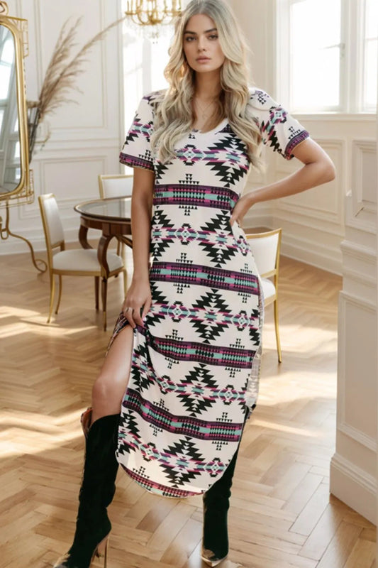 Aztec Print V-Neck Midi Dress Trendsi