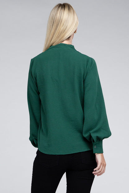 Woven Airflow V-Neck Long Sleeve Top ZENANA
