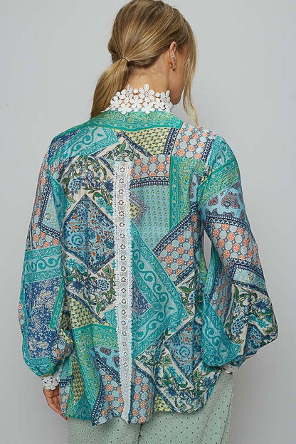 POL Lace Detail Printed Button Down Shirt Trendsi