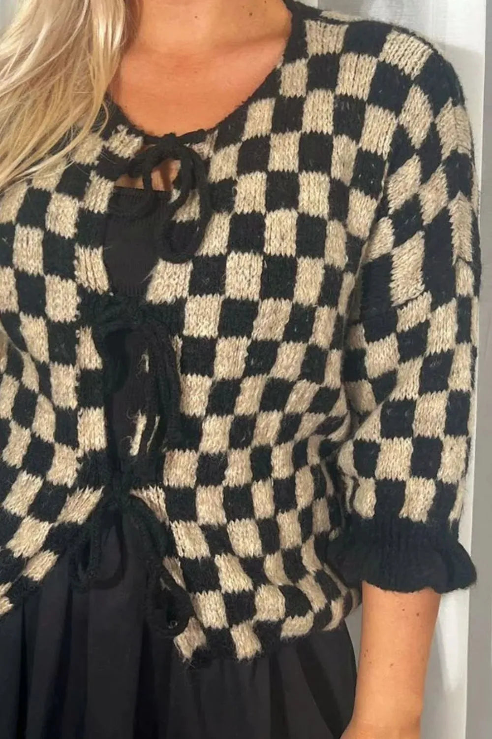 Double Take Tied Checkered Dropped Shoulder Flounce Sleeve Cardigan  DAME BOHEME