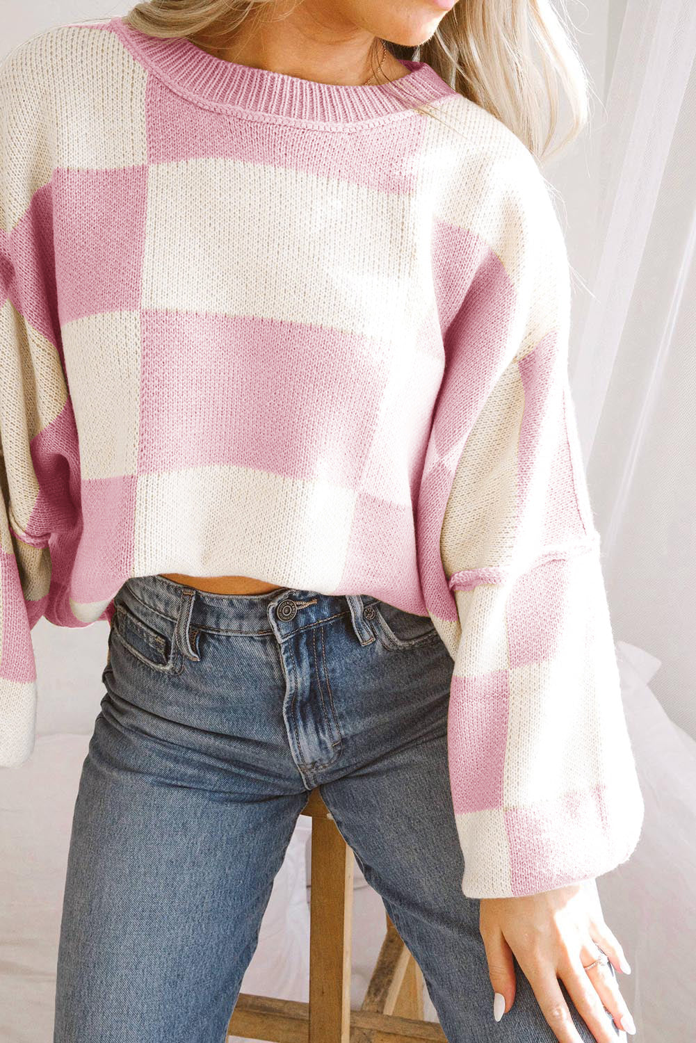 Pink Checkered Bishop Sleeve Sweater  DAME BOHEME