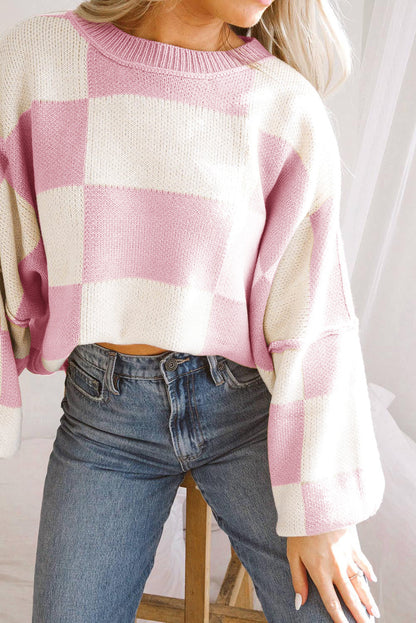 Pink Checkered Bishop Sleeve Sweater  DAME BOHEME