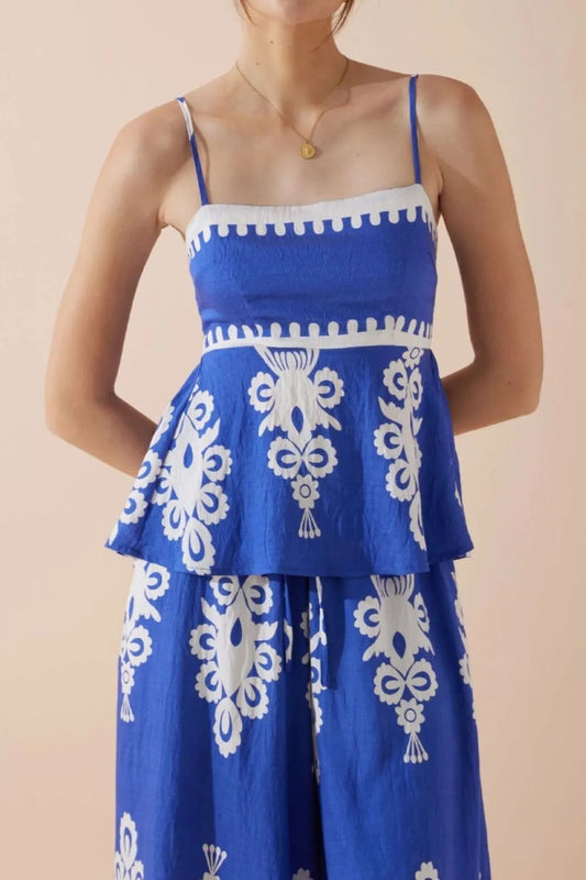 Printed Square Neck Cami and Wide Leg Pants Set Trendsi