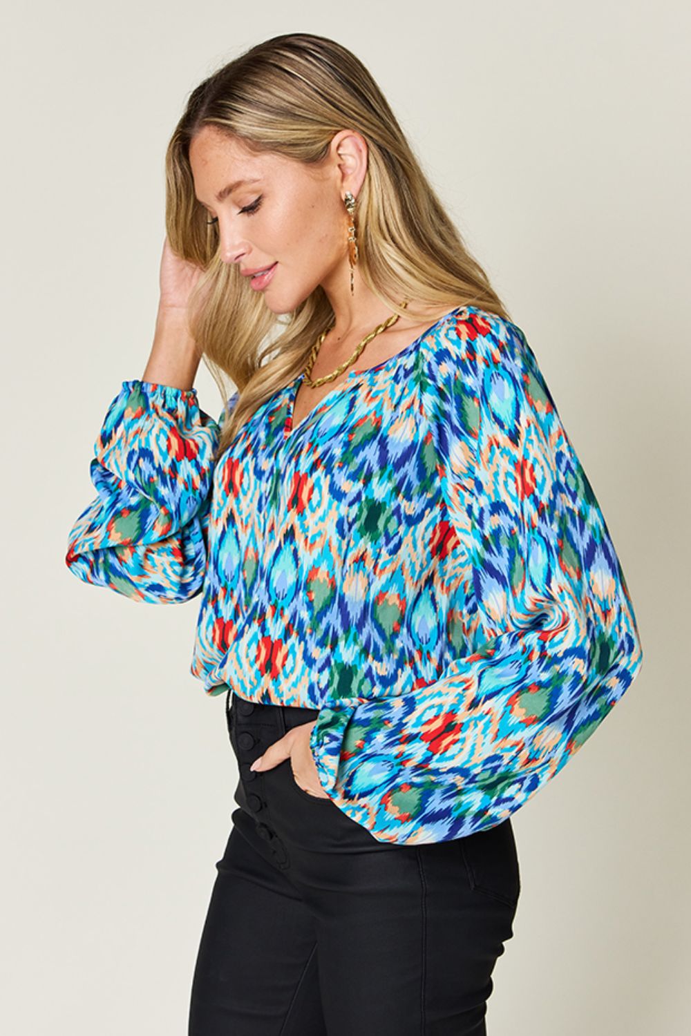 Double Take Full Size Printed Balloon Sleeve Blouse  DAME BOHEME
