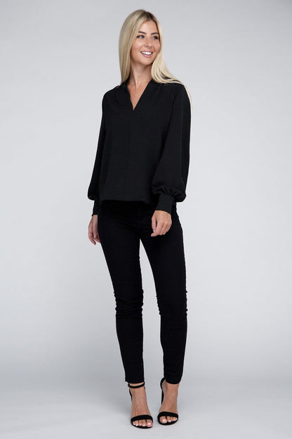 Woven Airflow V-Neck Long Sleeve Top ZENANA