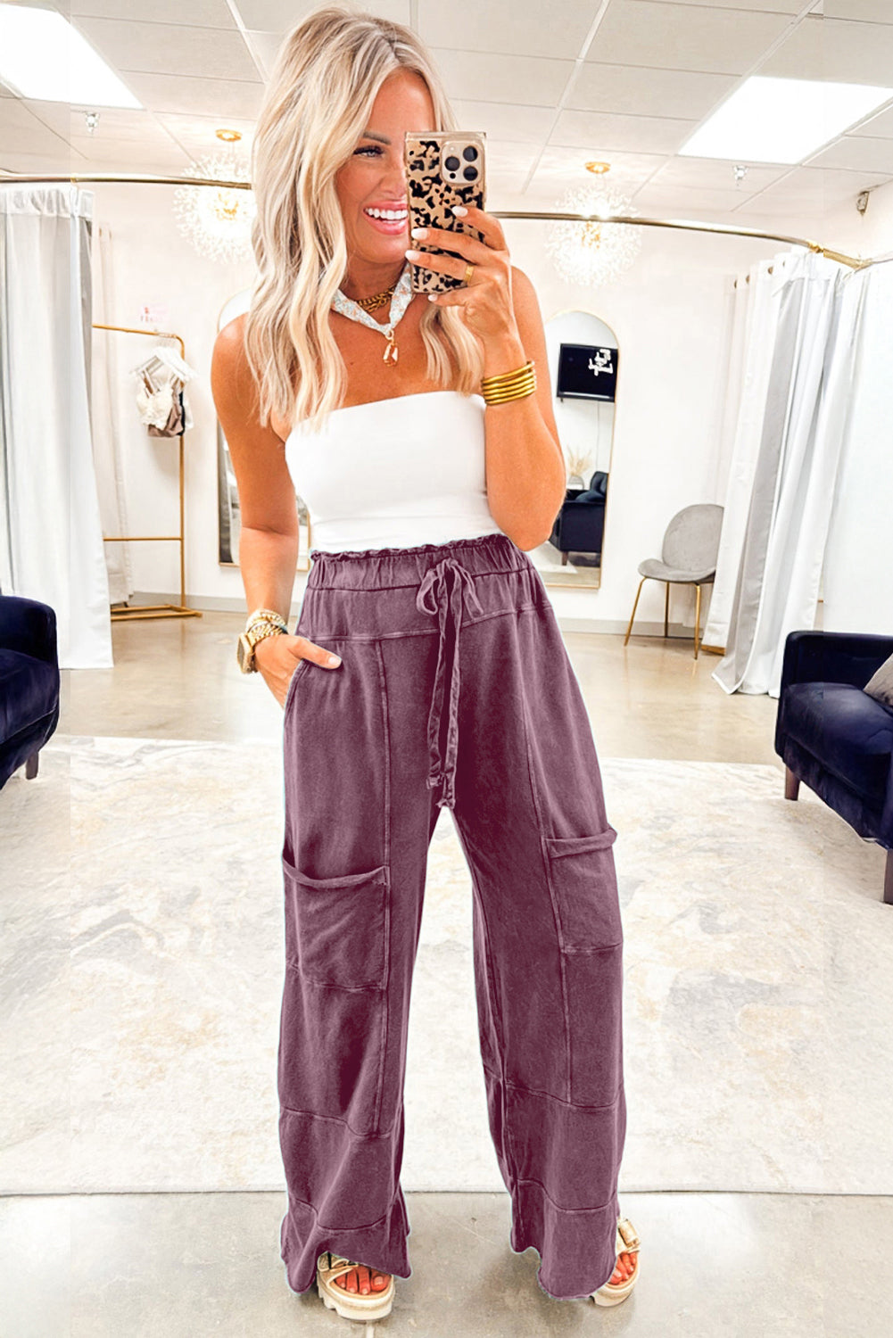 Mineral Wash Knot High Waist Raw Hem Pants  DAME BOHEME