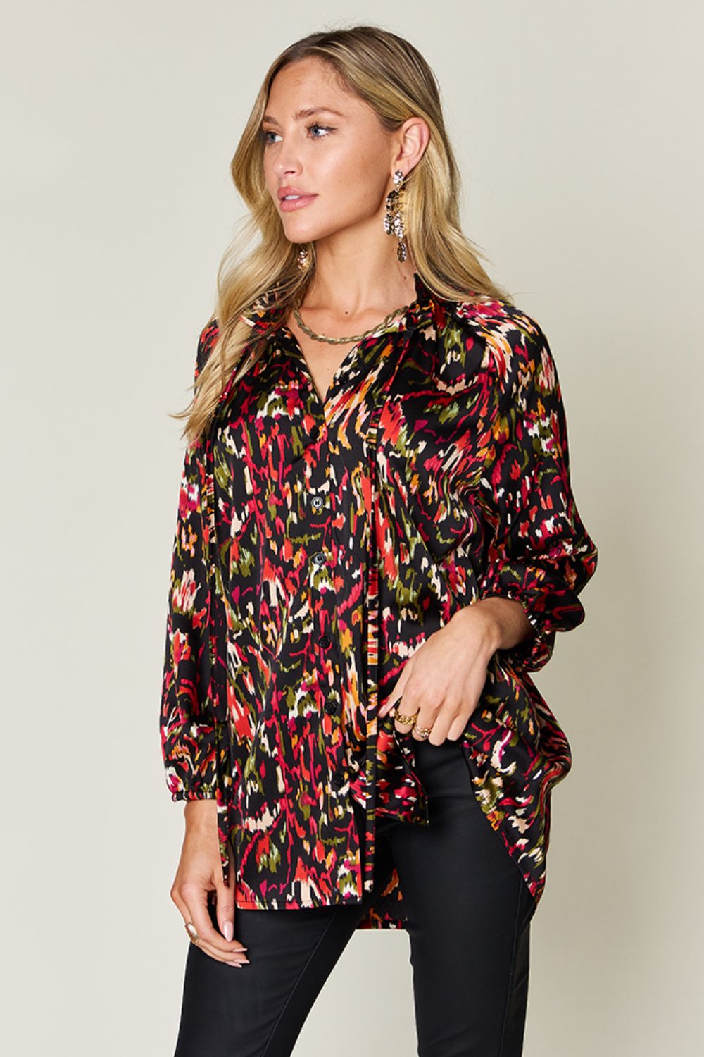 Double Take Full Size Printed Button Up Long Sleeve Shirt  DAME BOHEME