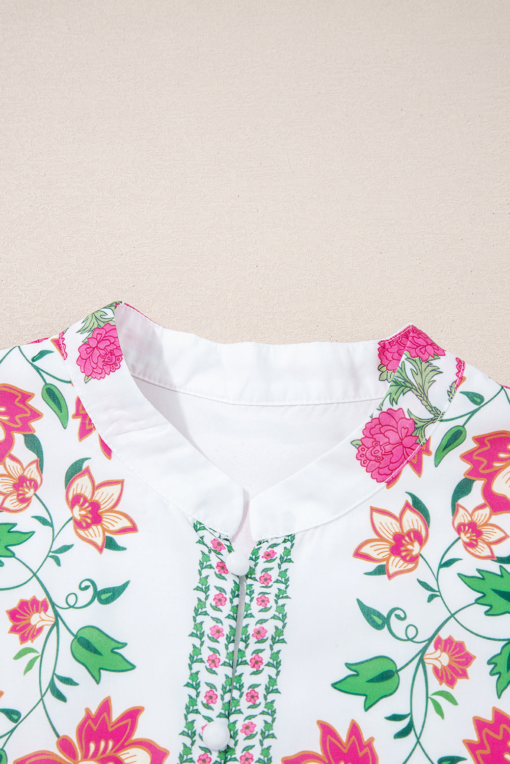 White Floral Print Half Button Mandarin Neck 3/4 Sleeve Maxi Dress  DAME BOHEME