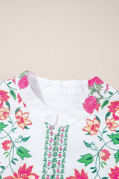 White Floral Print Half Button Mandarin Neck 3/4 Sleeve Maxi Dress  DAME BOHEME