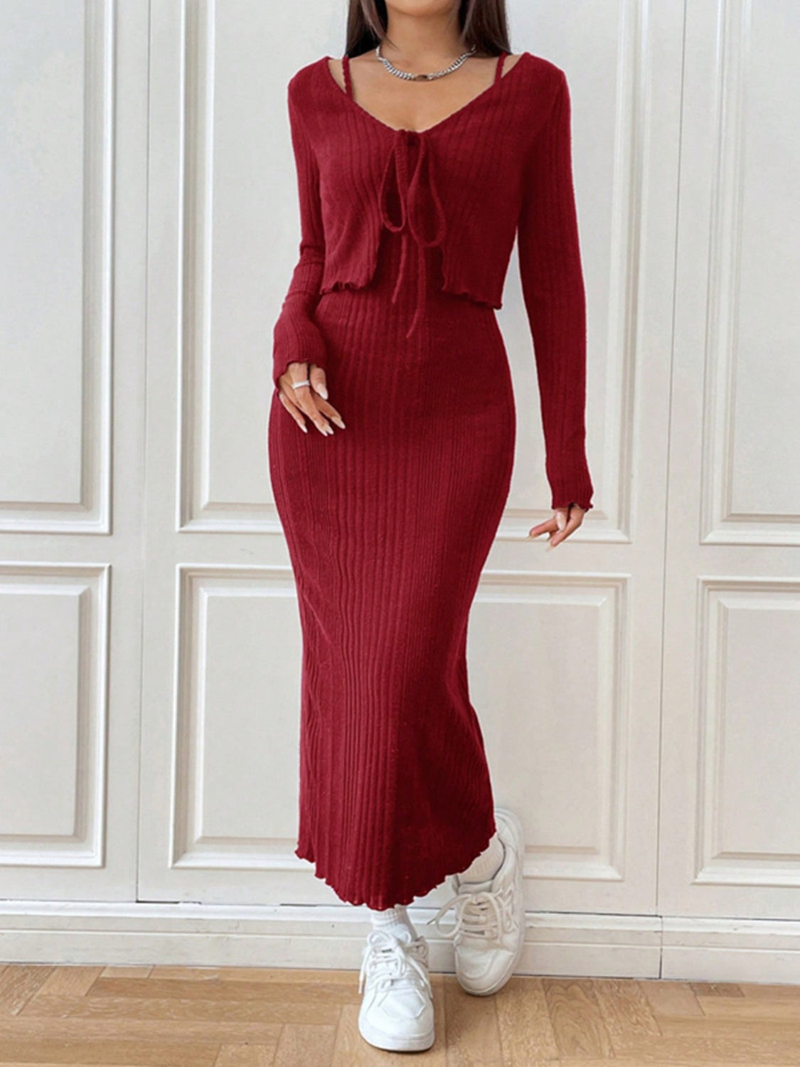 Long Cami Dress and Tied Long Sleeve Cardigan Set