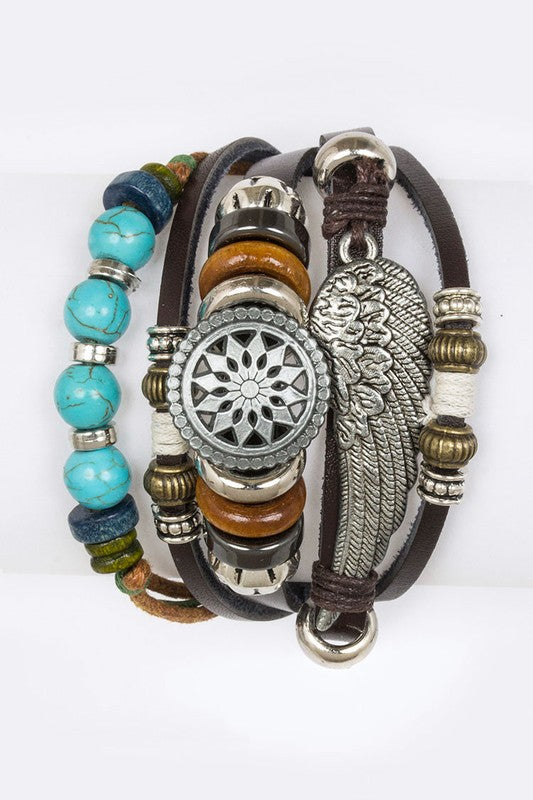 Wing & Beads Mix Leather Bracelet Set LA Jewelry Plaza