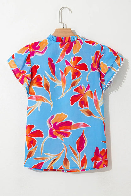 Floral Print Notched Pompom Trim Flutter Sleeve Blouse  DAME BOHEME