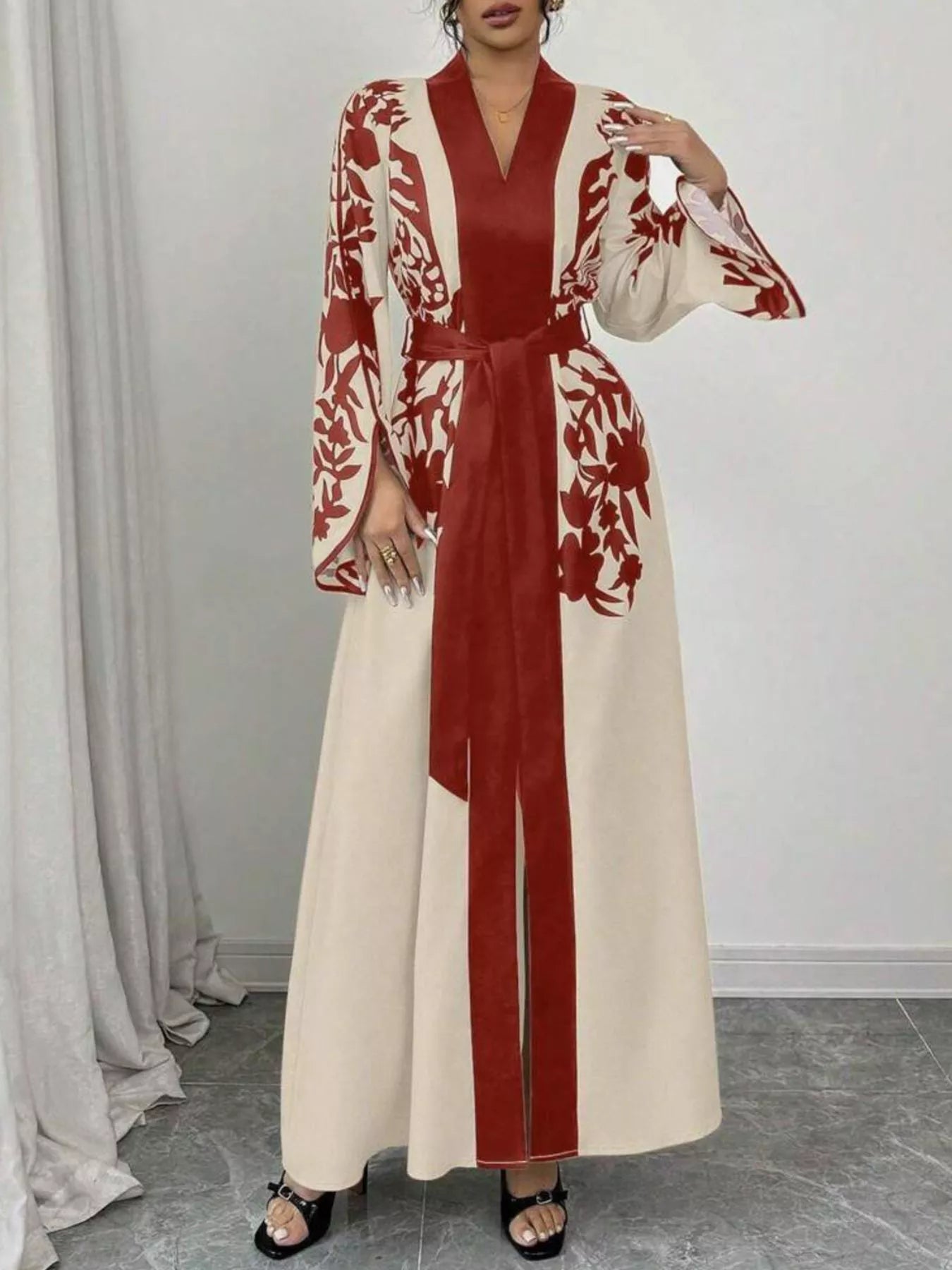 Printed Tie Waist Elegant Maxi Dress