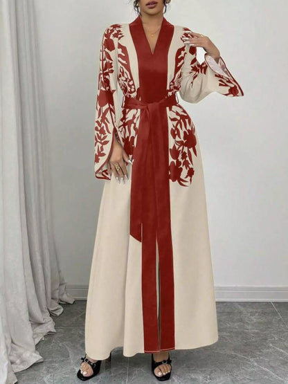 Printed Tie Waist Elegant Maxi Dress