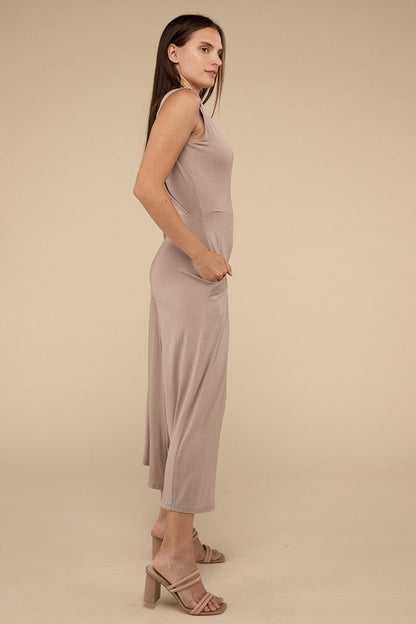 Surplice Neckline Sleeveless Midi Flared Jumpsuit ZENANA