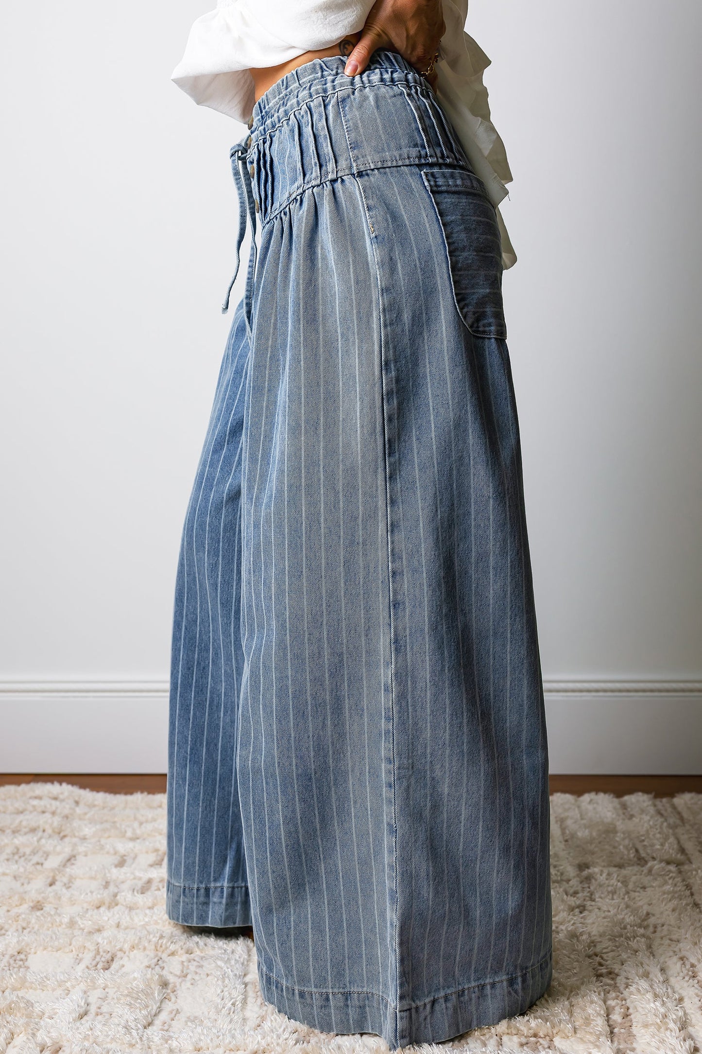 Sky Blue Stripe Button Pleated Drawstring Waist Casual Wide Leg Jeans  DAME BOHEME