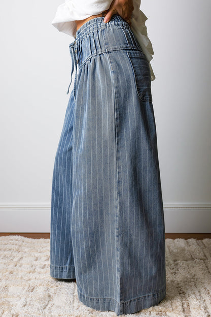 Sky Blue Stripe Button Pleated Drawstring Waist Casual Wide Leg Jeans  DAME BOHEME