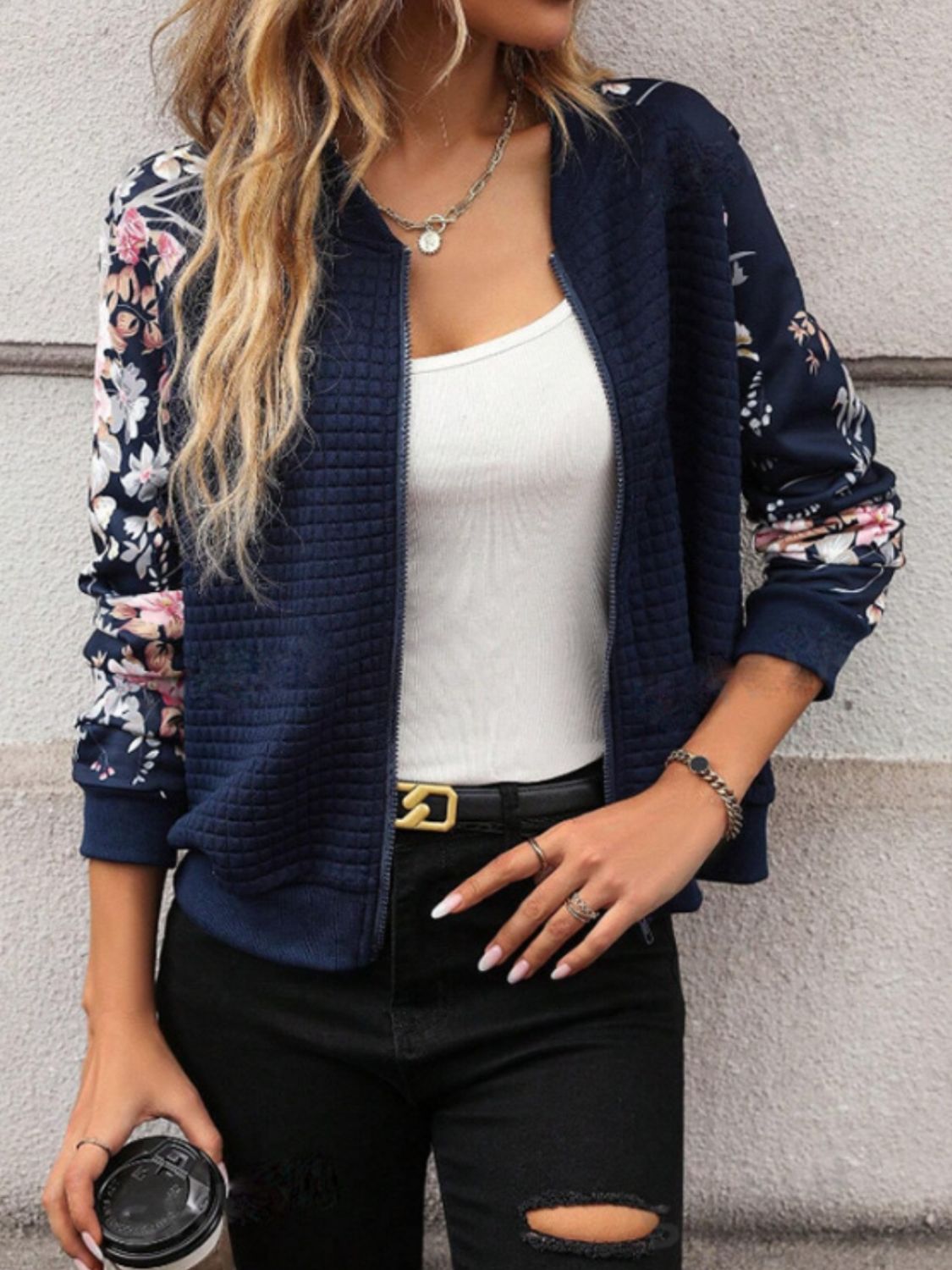 Navy Zip Up Quilted Bomber Jacket with Floral Printed Long Sleeves