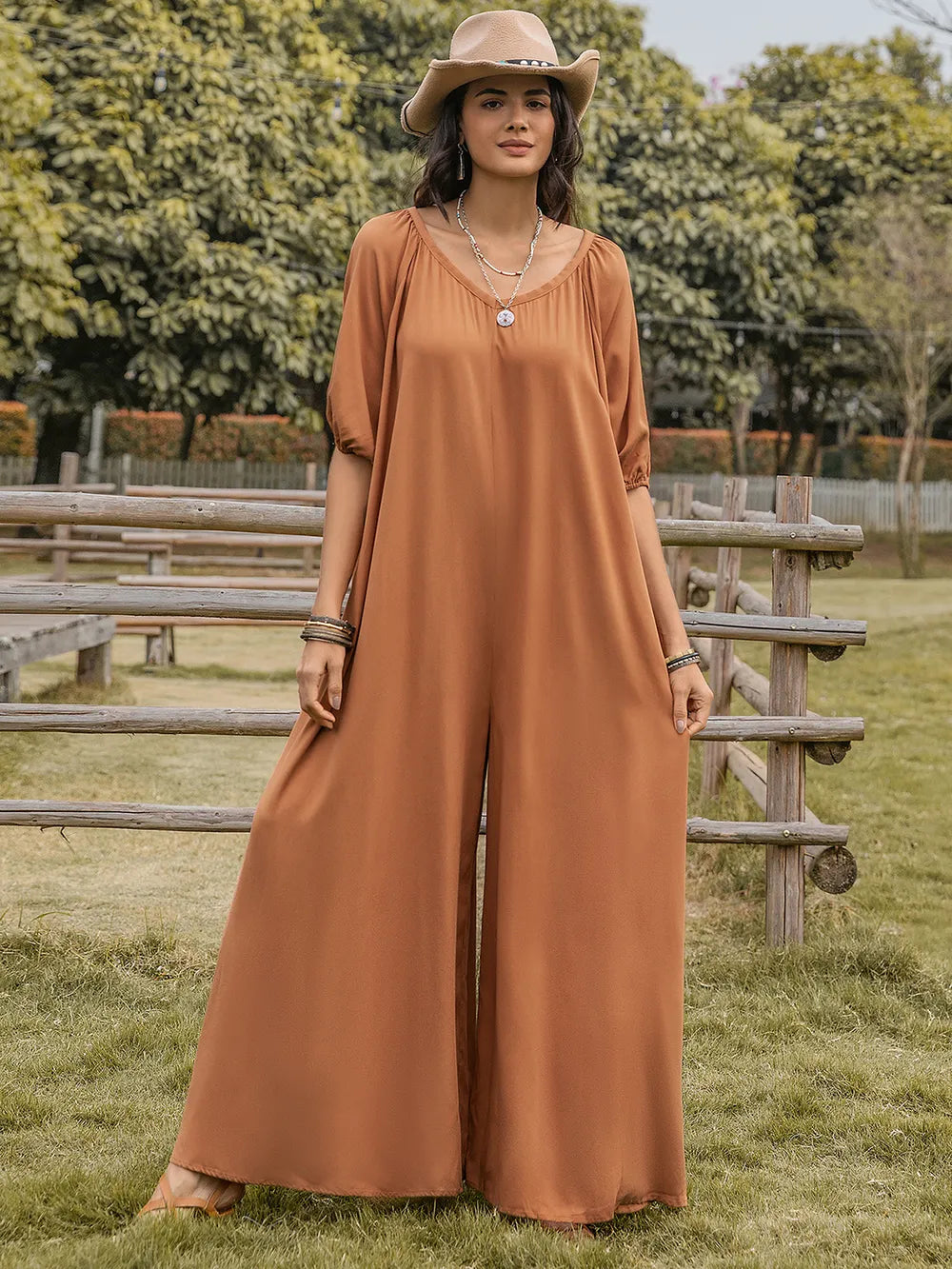 Scoop Neck Half Sleeve Wide Leg Jumpsuit Trendsi