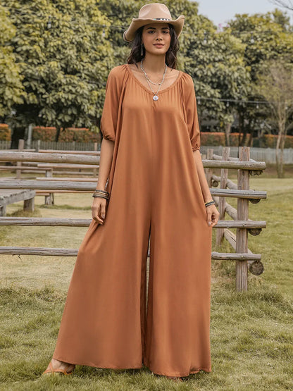 Scoop Neck Half Sleeve Wide Leg Jumpsuit Trendsi