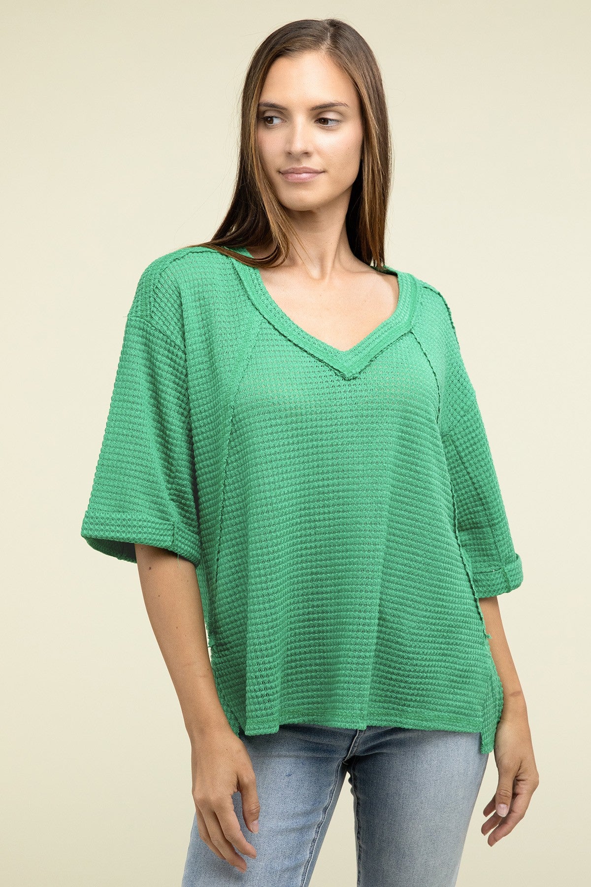 Brushed Waffle Exposed-Seam 3/4 Rolled Sleeve Top