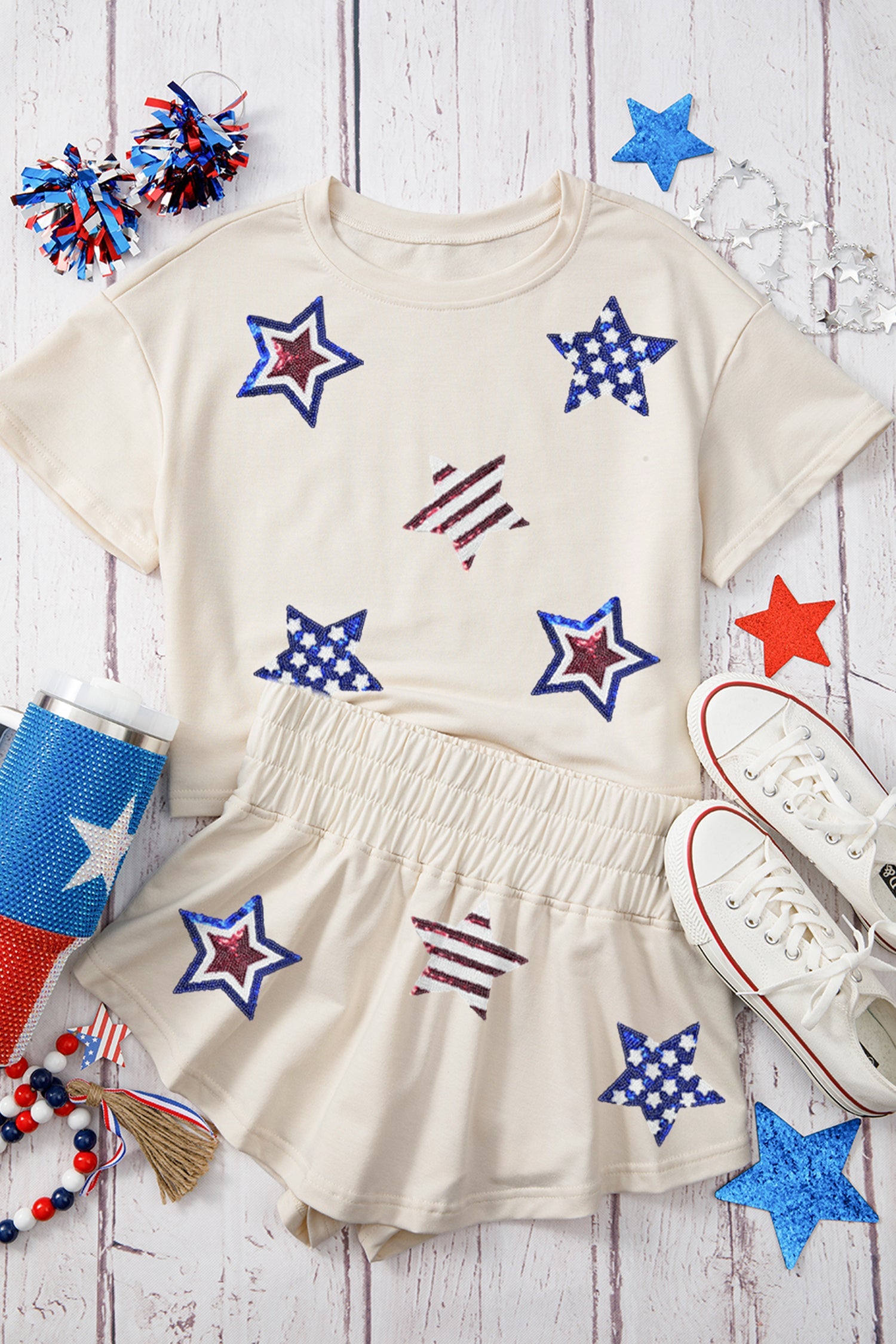 Beige Sequin Patriotic Star Cropped Tee Skort 2pcs Set  DAME BOHEME