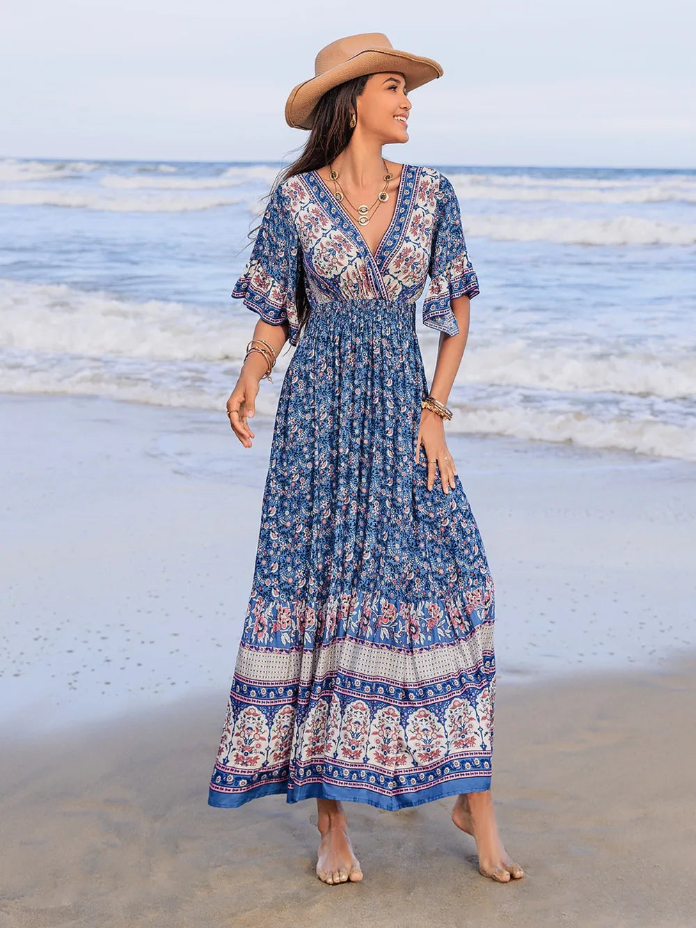 Bohemian Ruched Printed Flounce Sleeve Midi Dress Trendsi