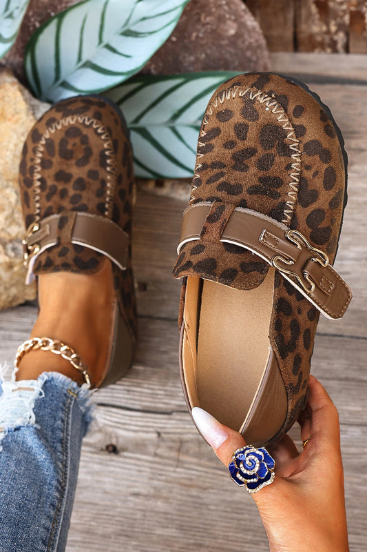 Coffee Faux Suede PU Leather Patchwork Retro Buckle Slip On Shoes  DAME BOHEME