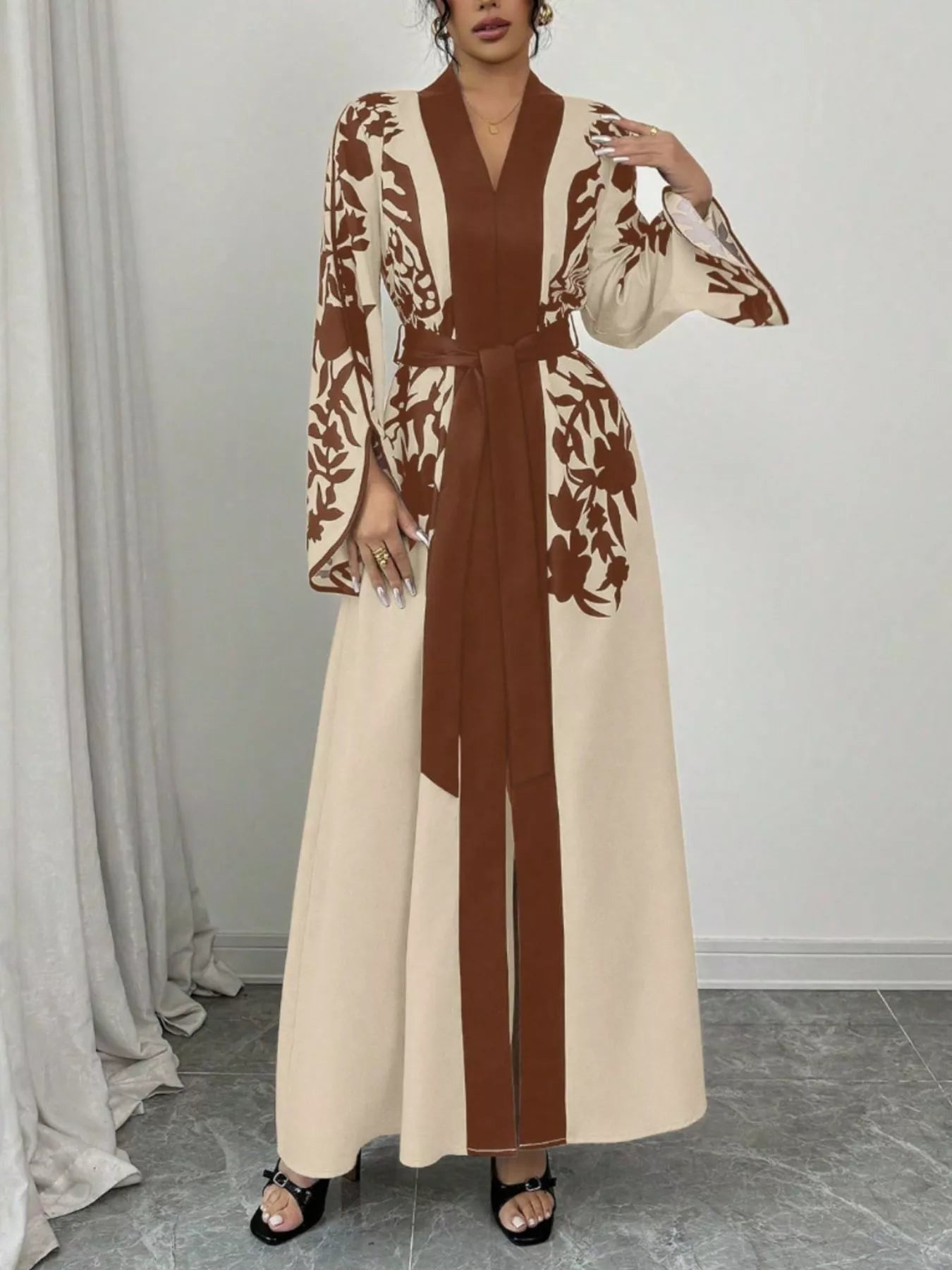 Printed Tie Waist Elegant Maxi Dress