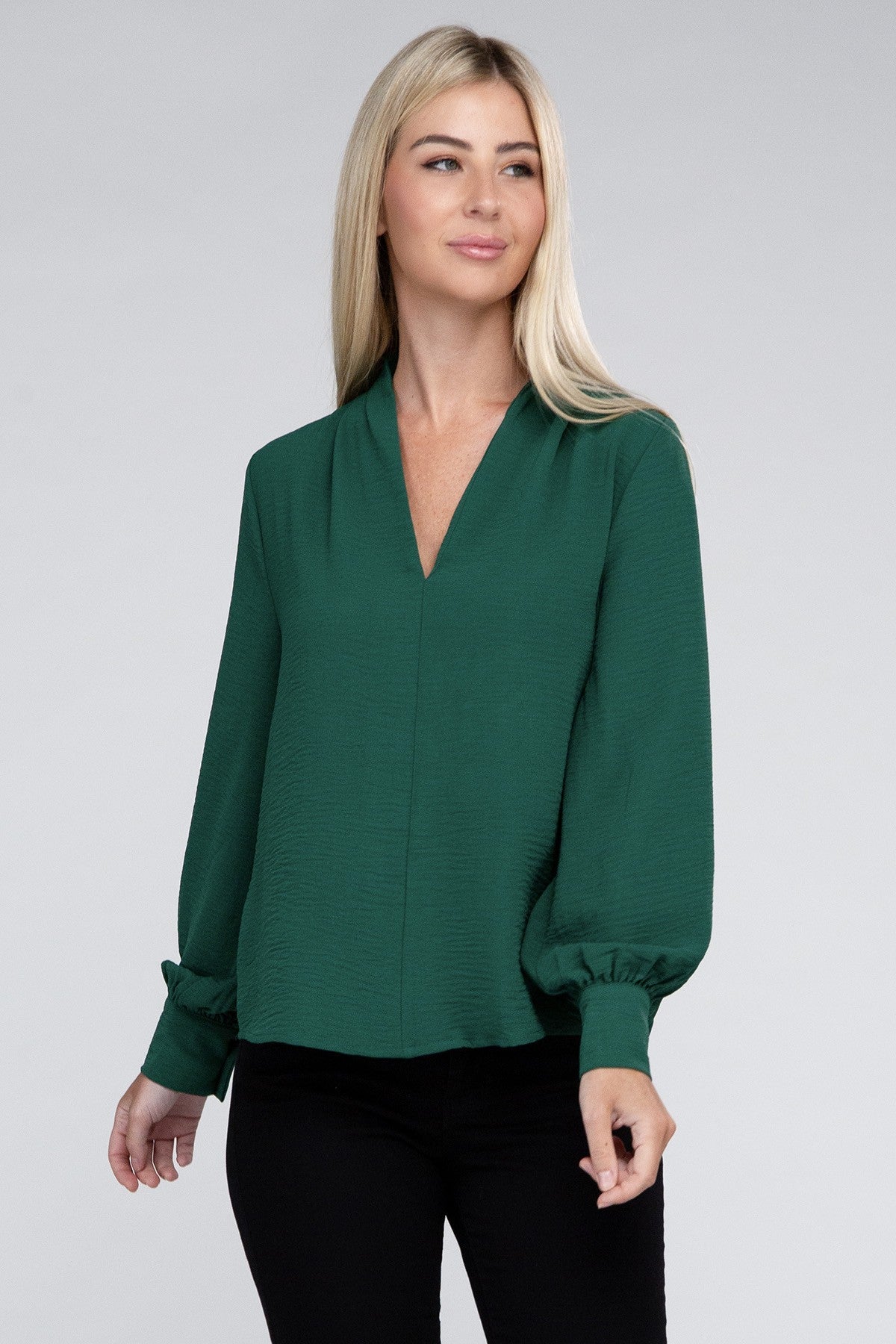 Woven Airflow V-Neck Long Sleeve Top ZENANA