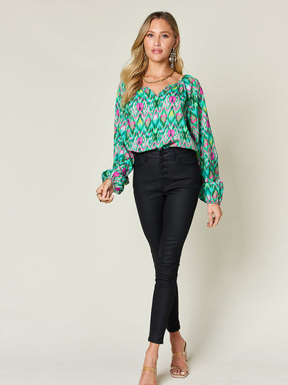 Double Take Full Size Printed Balloon Sleeve Blouse  DAME BOHEME