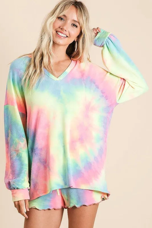 BiBi Tie Dye French Terry Top and Shorts Set Trendsi