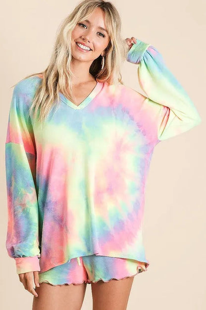 BiBi Tie Dye French Terry Top and Shorts Set Trendsi