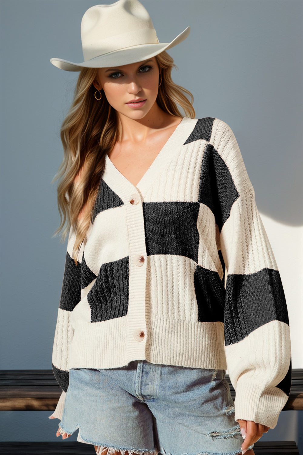 Double Take Checkered Dropped Shoulder Cardigan