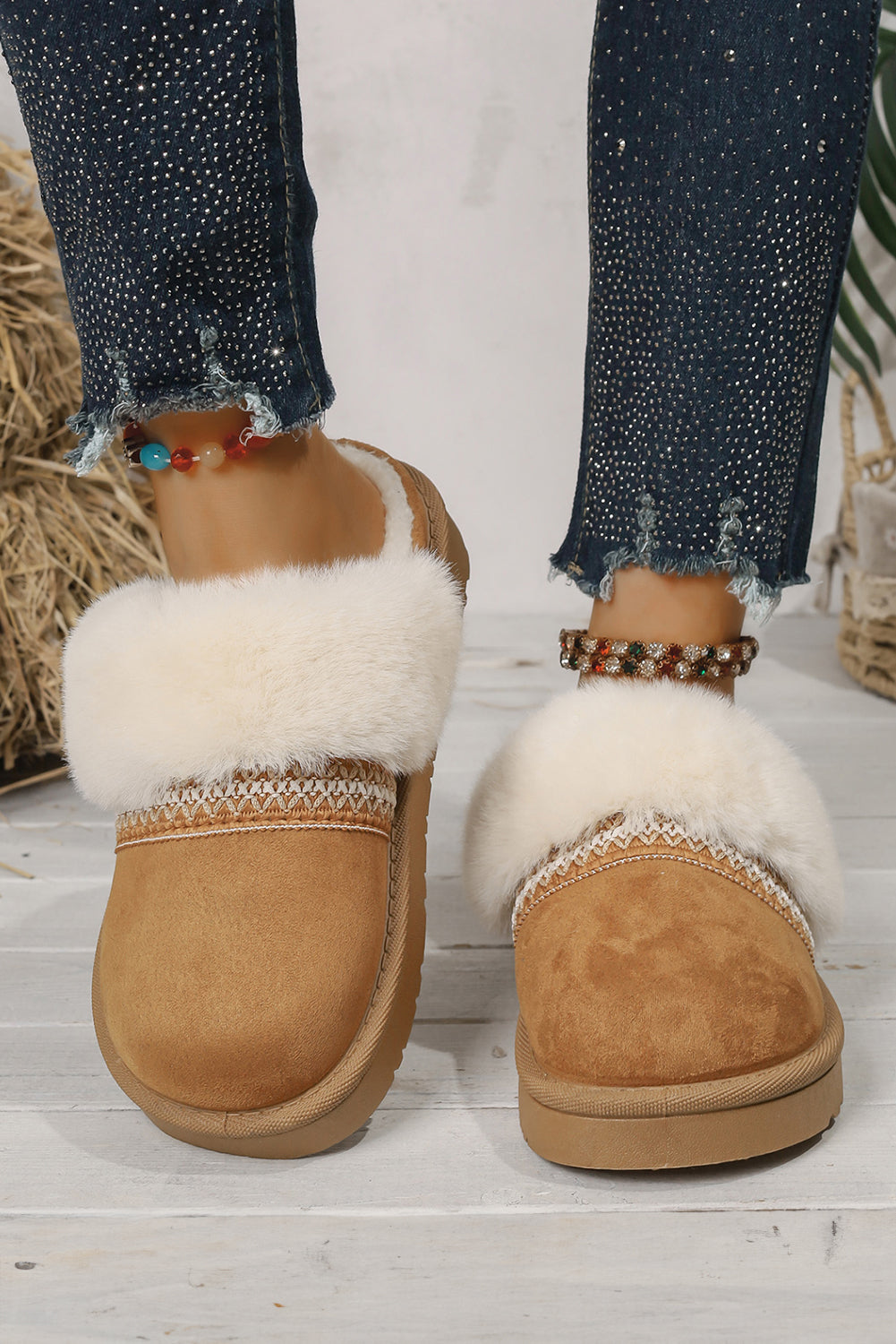 Camel Suede Fuzzy Winter Warm Platform Slippers  DAME BOHEME