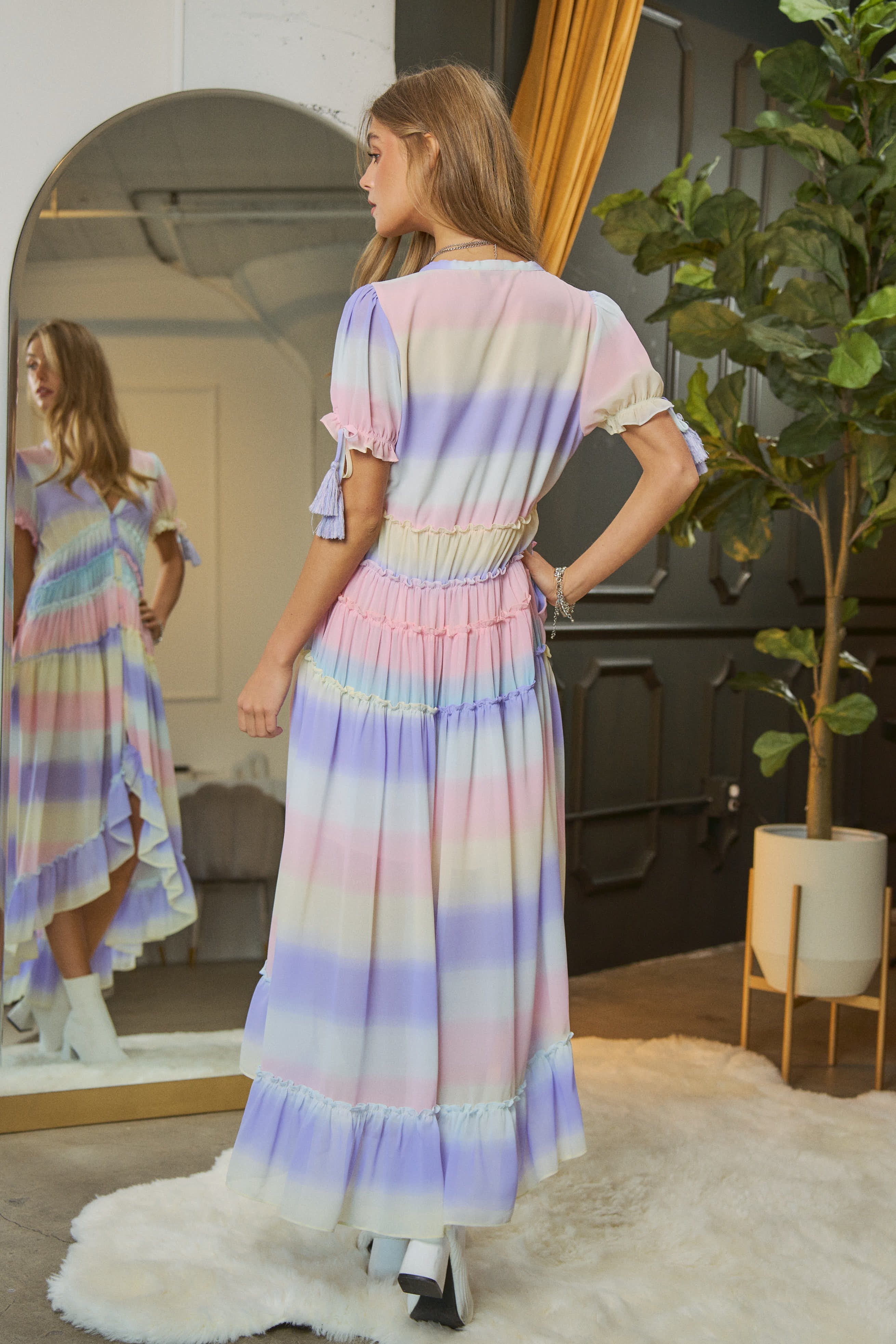 V-Neck Puff Sleeve Pastels Ombre Hi-Low Maxi Dress