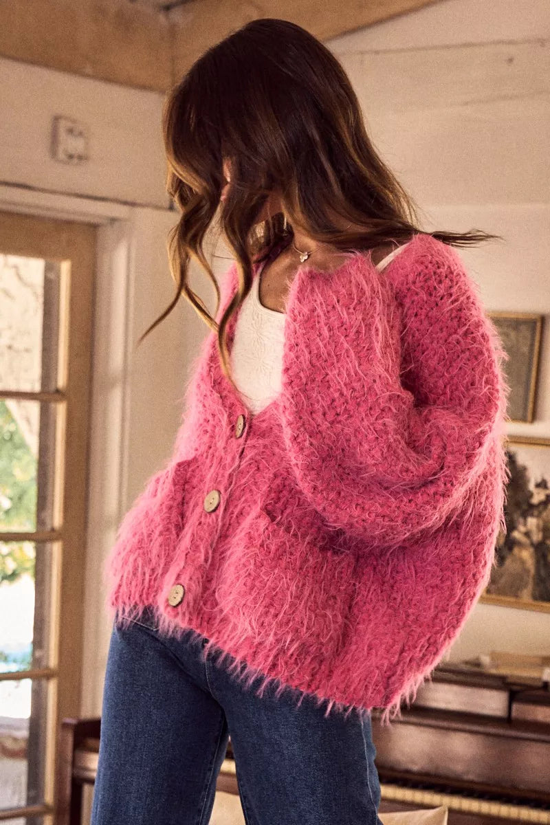 SO ME Soft Touch Hairy Loose Fit Cozy Sweater Cardigan  DAME BOHEME